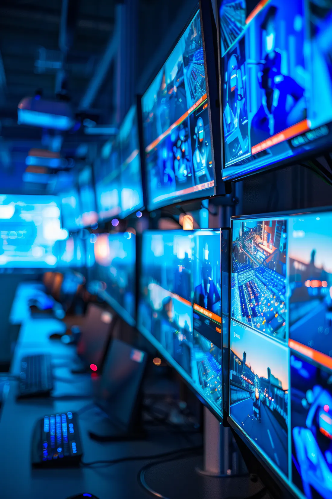 Central de monitoramento com telas de câmeras de CFTV